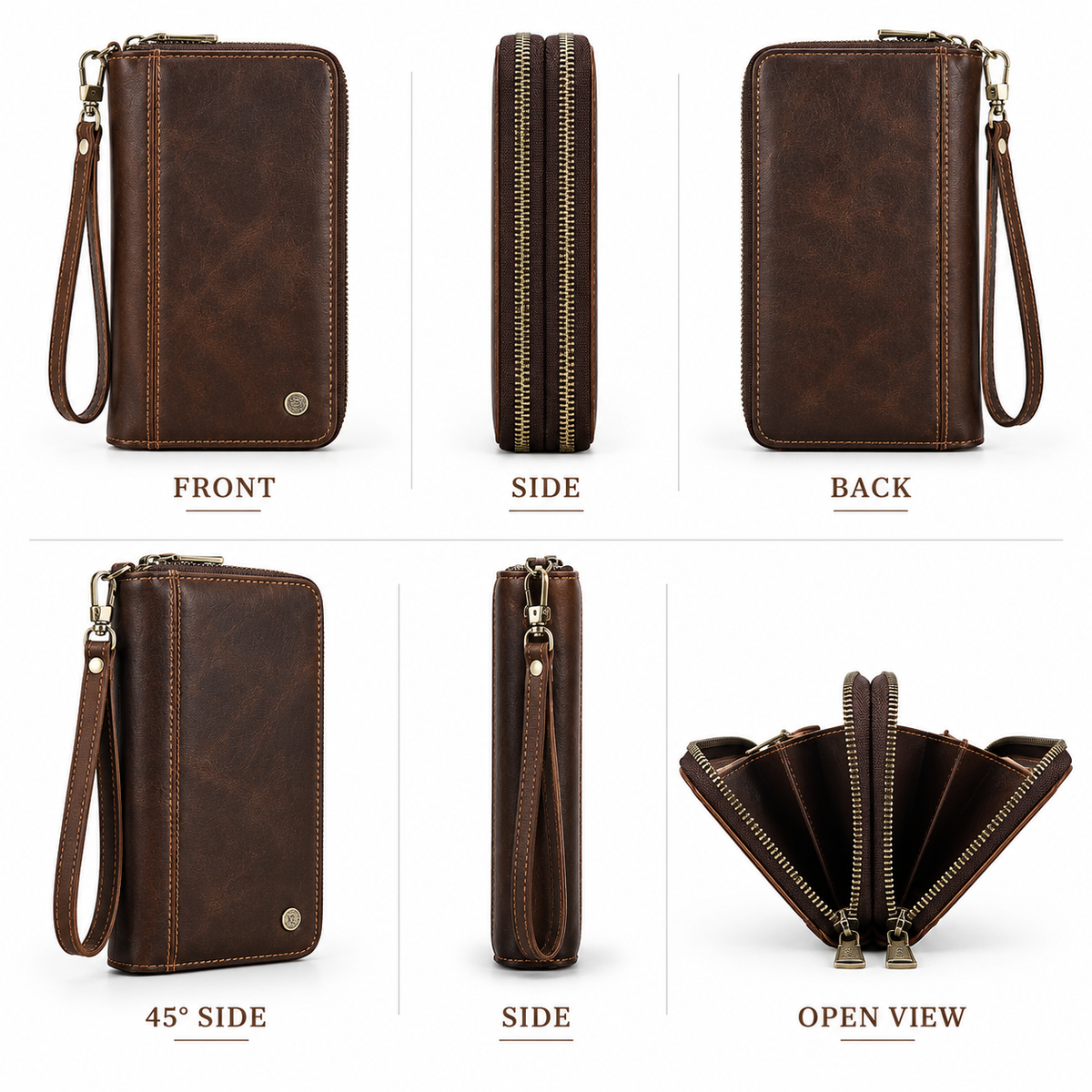 Branor Handcrafted Leather Double-Zip Long Clutch Wallet – Large Capacity Phone Wristlet Organizer