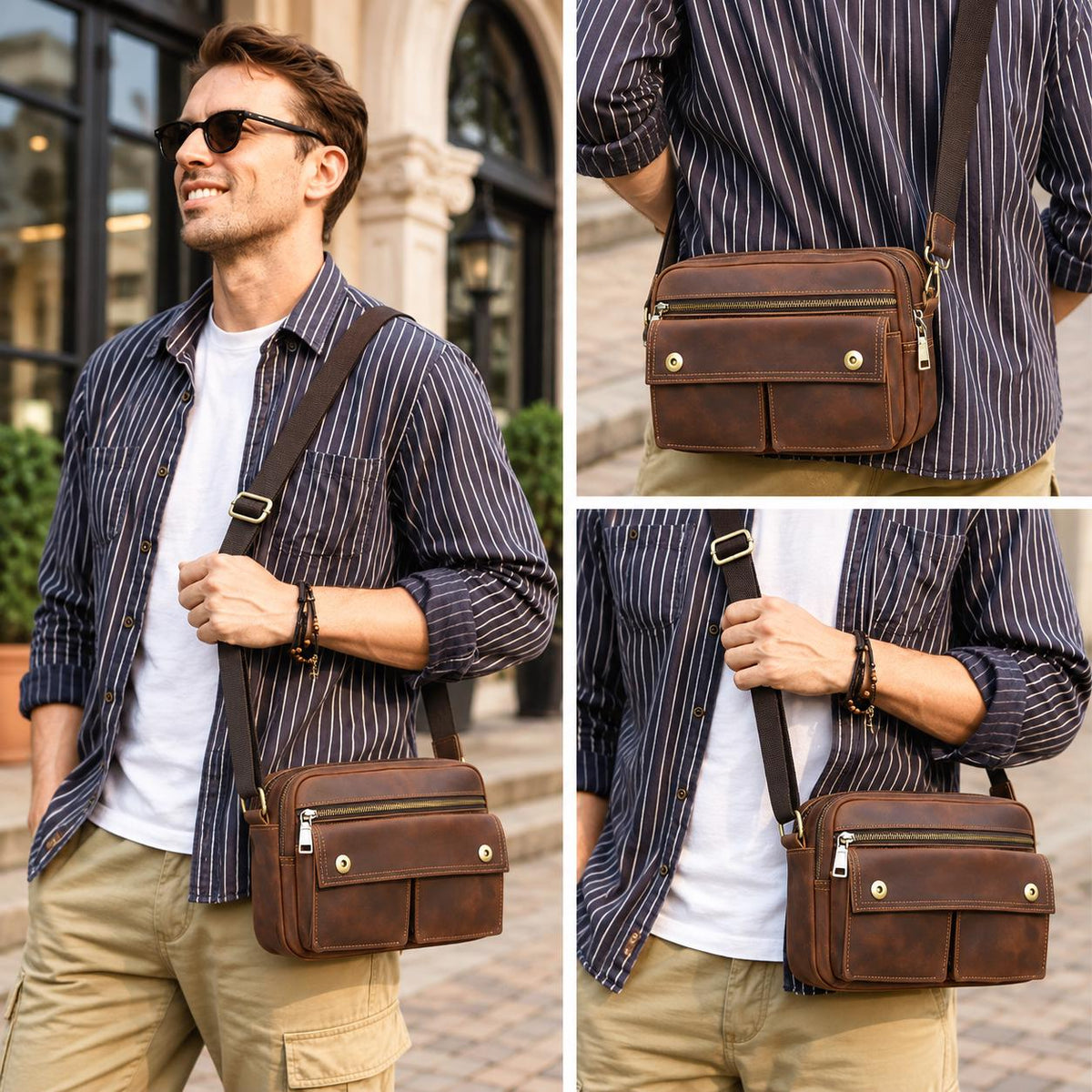 Personalized Leather Crossbody Bag for Men, Custom Mens Messenger Bag, Multi Pocket Shoulder Travel Bag Fits iPad Mini, Corvino