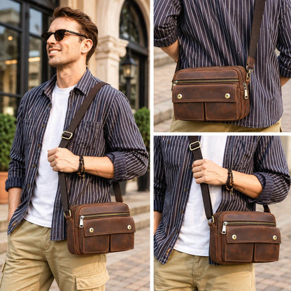 Personalized Leather Crossbody Bag for Men, Custom Mens Messenger Bag, Multi Pocket Shoulder Travel Bag Fits iPad Mini, Corvino