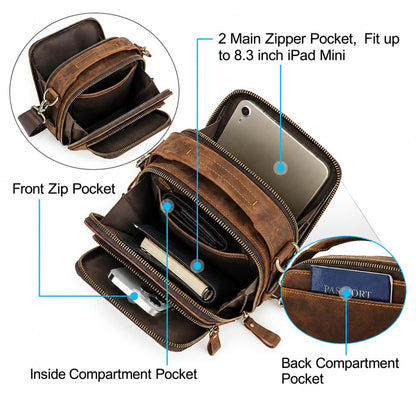 Leather Crossbody Bag for Men, Custom Mens Messenger Bag Fits iPad Mini, Vertical Travel Shoulder Bag with Handle, Moretti