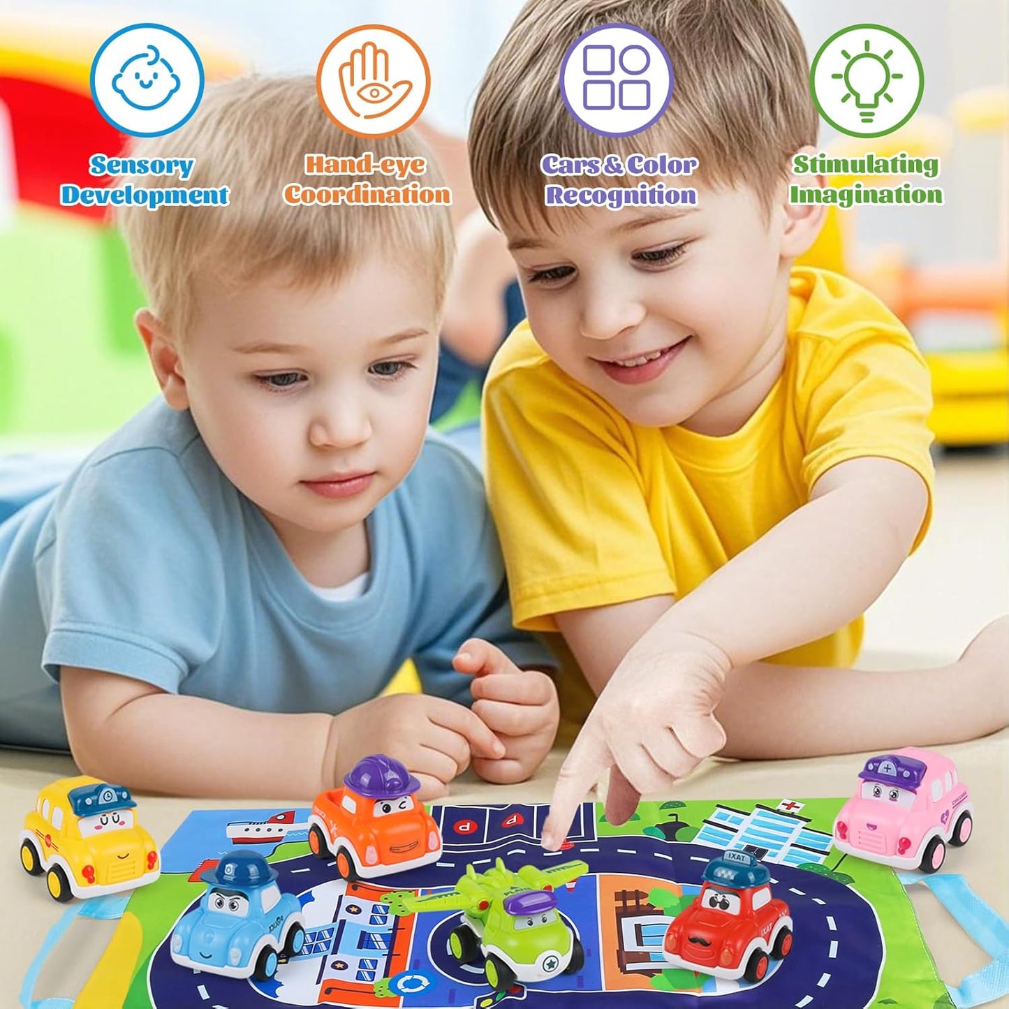 6 Piece Toy Car with Portable Mat