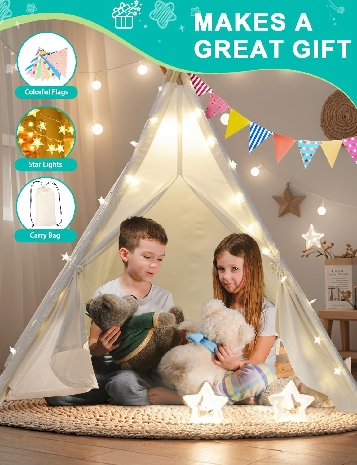 Kids Teepee Play Tent – Foldable Natural Canvas Tipi with Lights & Carry Bag