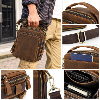 Leather Crossbody Bag for Men, Custom Mens Messenger Bag Fits iPad Mini, Vertical Travel Shoulder Bag with Handle, Moretti