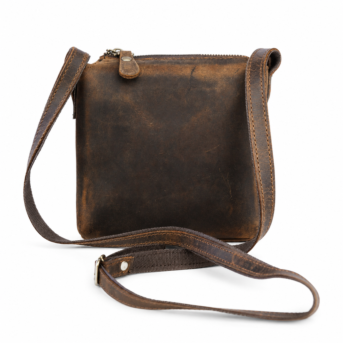 Corven handcrafted brown Crazy Horse leather vertical crossbody messenger bag front view - Yubello
