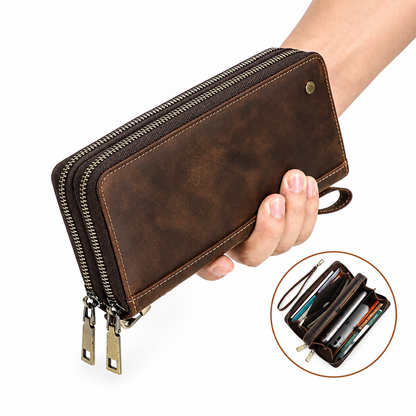 Branor Handcrafted Crazy Horse Leather Double Zipper Clutch Wallet with Wristlet