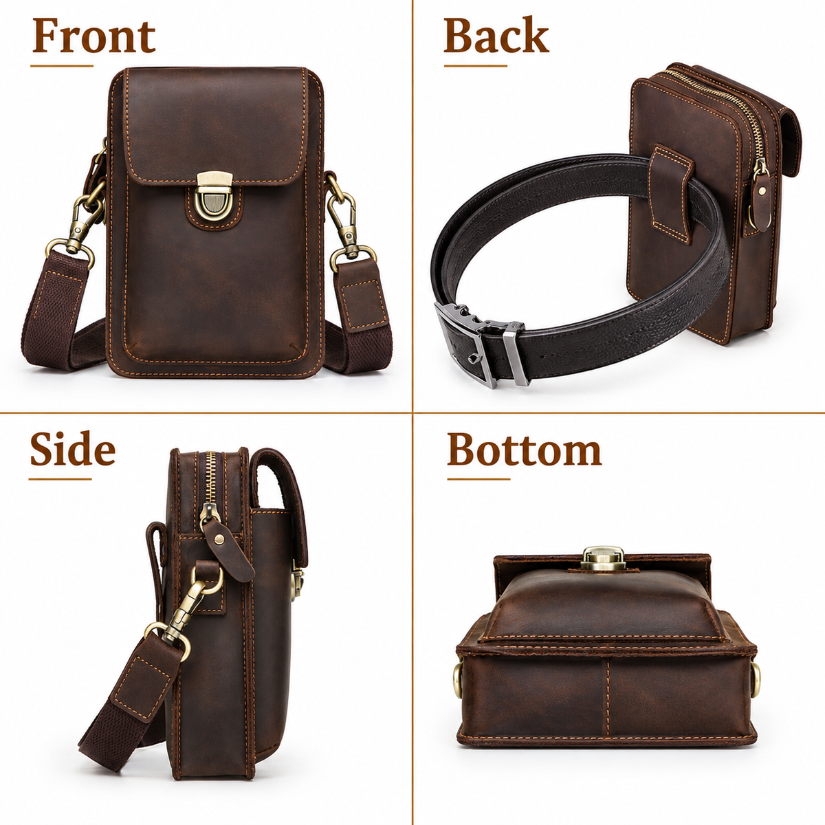 Santino Handcrafted Genuine Leather Crossbody Bag, Belt Bag & EDC Travel Pouch