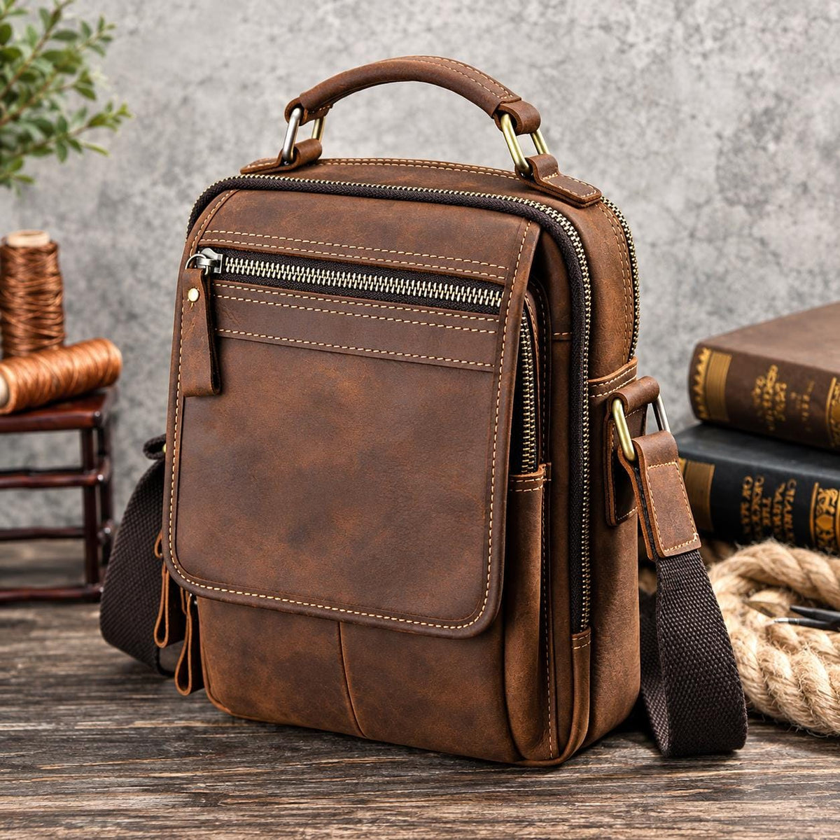 Personalized Leather Crossbody Bag for Men, Custom Mens Shoulder Messenger Bag, Vertical Travel Satchel with Handle, Vittorio