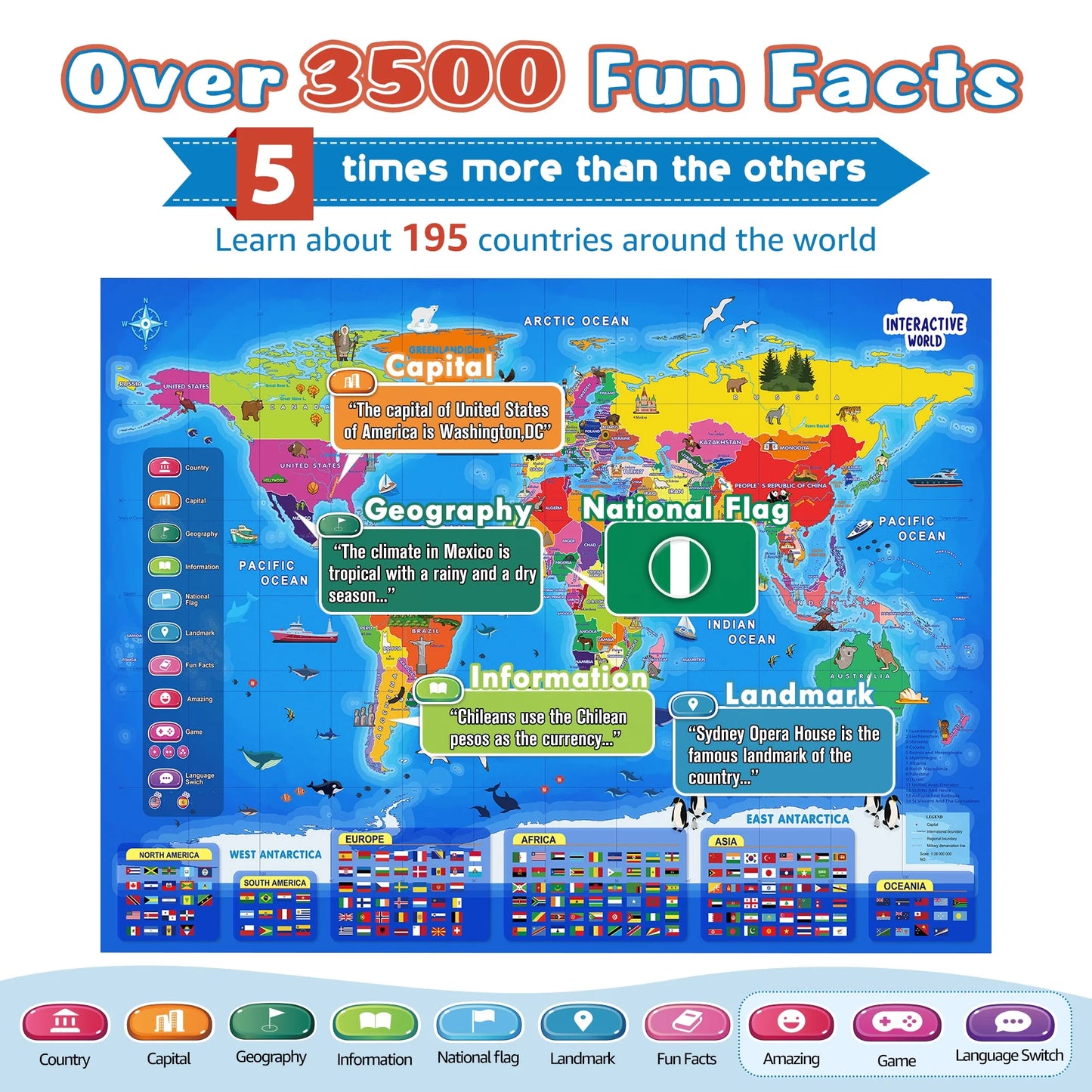 World Map Learning Poster – Interactive Educational Toy for   Boys & Girls