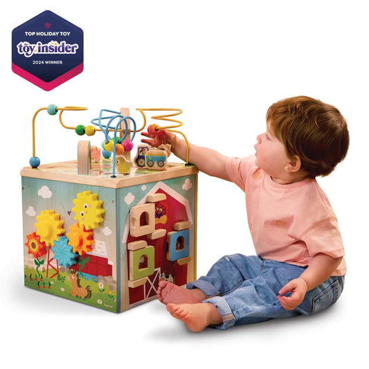 Wooden Barnyard Activity Cube – 5-in-1 Toy with Bead Maze for Babies & Toddlers