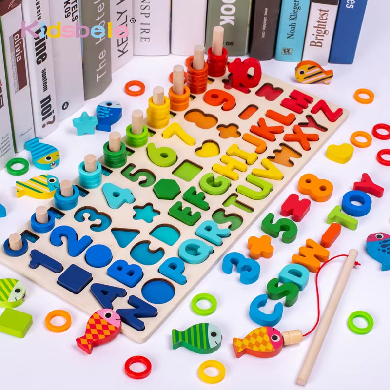 Wooden Montessori Number & Shape Sorting Puzzle – Educational Counting Toy for Toddlers