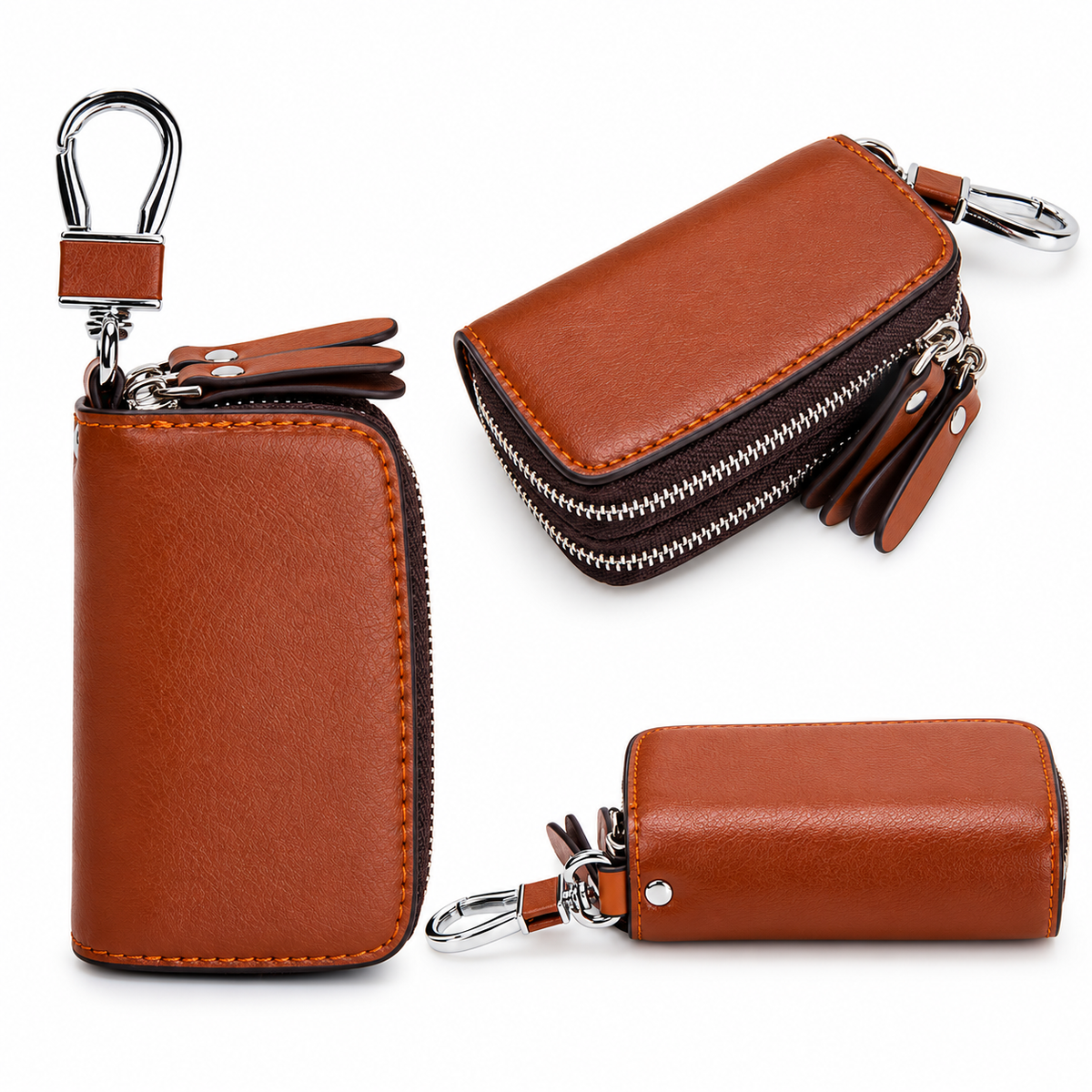 Linea Genuine Leather Double Zipper Key Case Wallet with Carabiner Clip