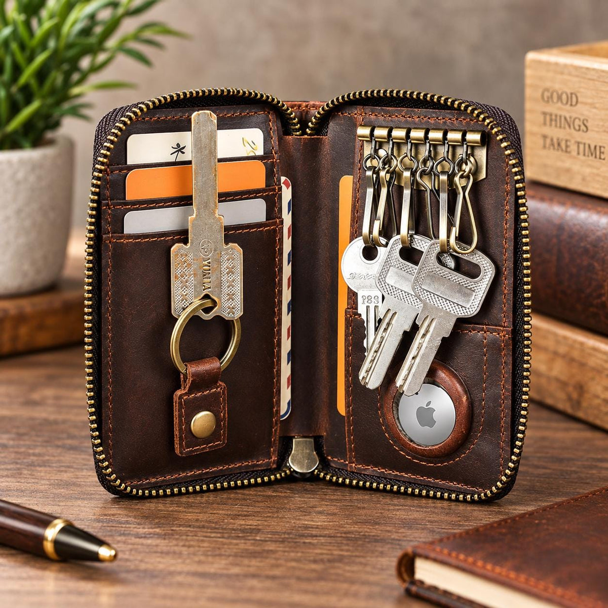 Personalized Leather Key Case Wallet with AirTag Holder, Custom Zipper Key Organizer Pouch, Vintage Card Key Fob Holder, Renzo