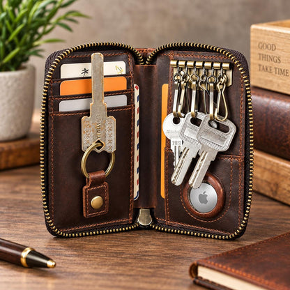 Personalized Leather Key Case Wallet with AirTag Holder, Custom Zipper Key Organizer Pouch, Vintage Card Key Fob Holder, Renzo