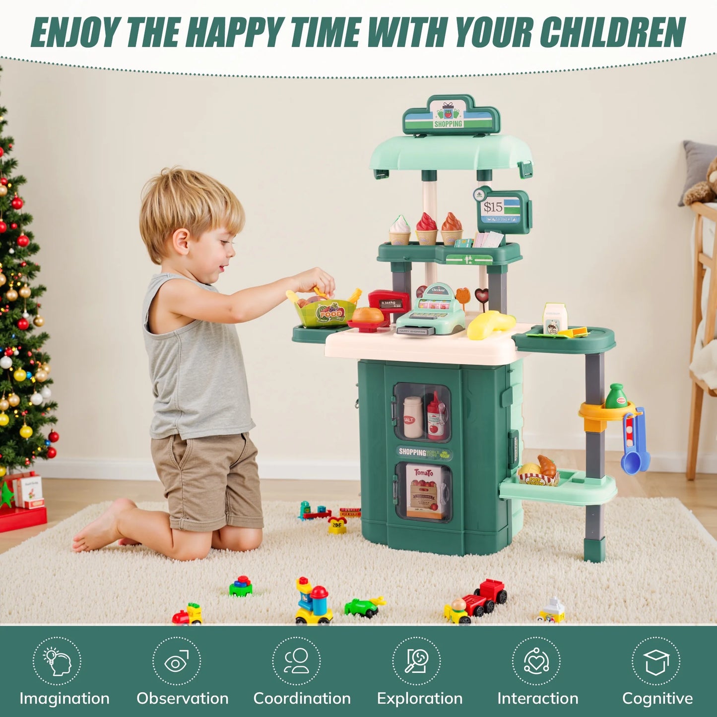 Play Supermarket Set for Kids – 38PCS Grocery Toy with Realistic Lights, Sounds & Spray