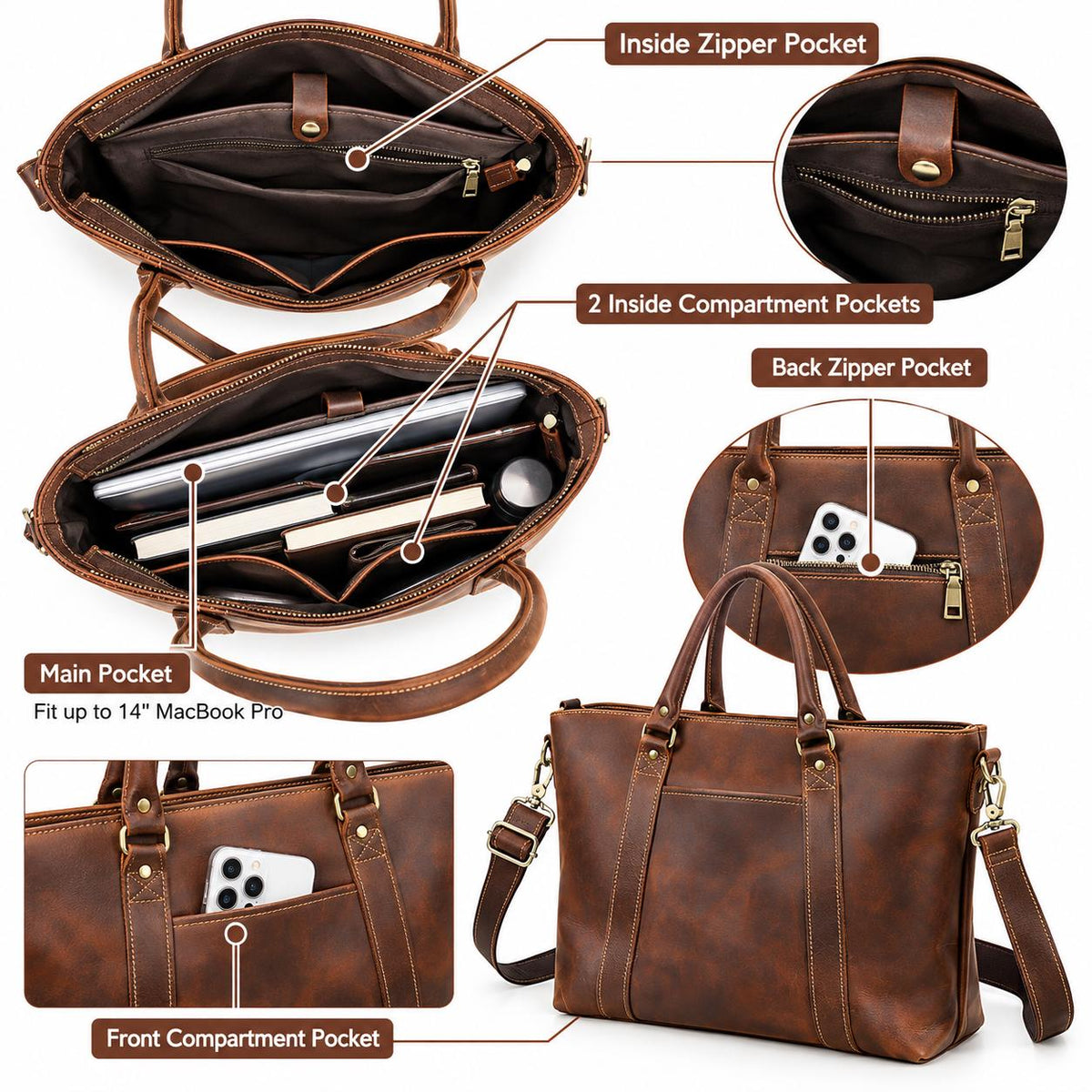 Leather Tote Bag for Work, Custom Shoulder Bag Fits 14 Inch Laptop, Personalized Leather Crossbody Bag, Mantova