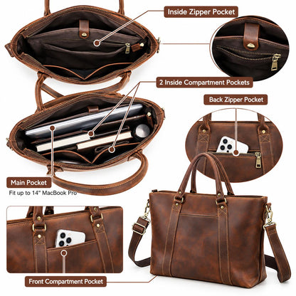 Leather Tote Bag for Work, Custom Shoulder Bag Fits 14 Inch Laptop, Personalized Leather Crossbody Bag, Mantova
