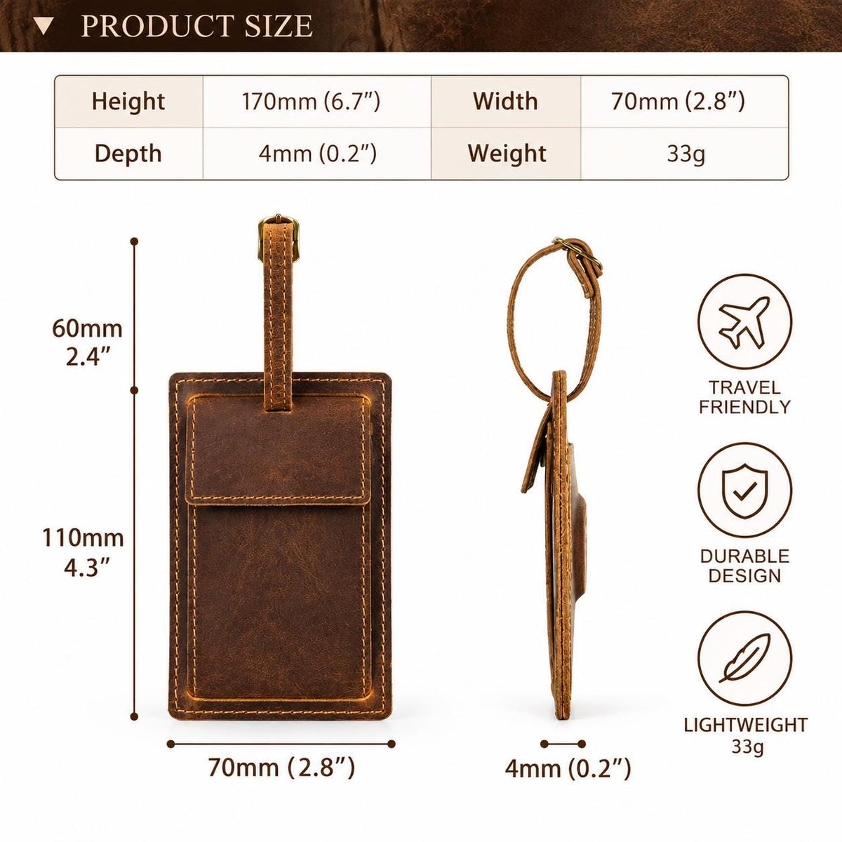 Marlow-Personalized Leather Luggage Tag with AirTag Holder Set of 1-2-4 , Custom Engraved Travel Suitcase Bag Tag, Groomsmen Gift, Marlow