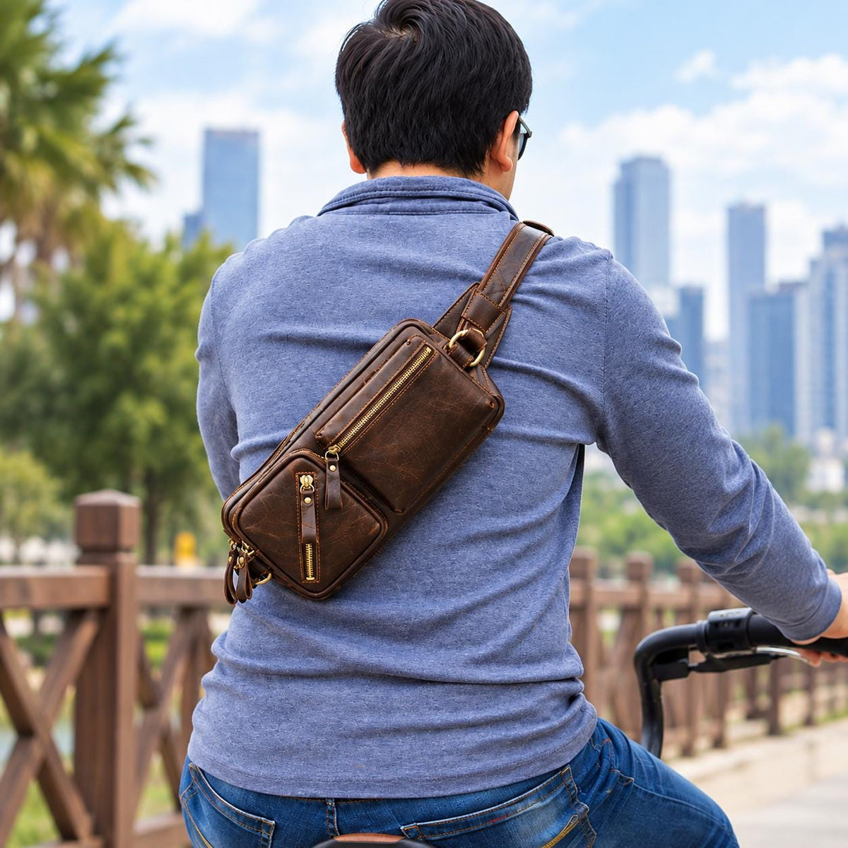 Customizable Genuine Leather Sling Bag, Multi-Pocket Travel Chest Pouch (Vespari)