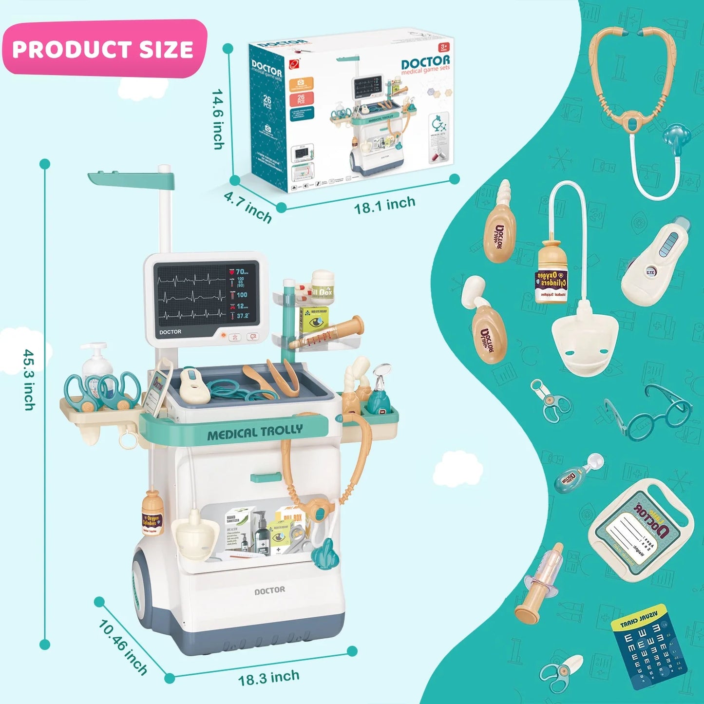 Kids Doctor Playset – 26PCS Medical Role Play Kit with Mobile Cart for Boys & Girls
