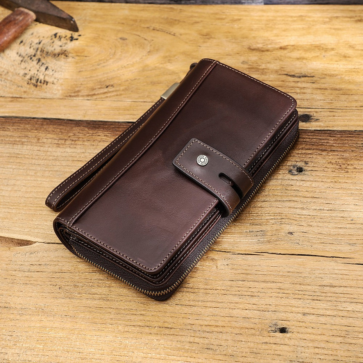 Aveline Handcrafted Genuine Leather Long Wallet with Wristlet & Zipper Pocket