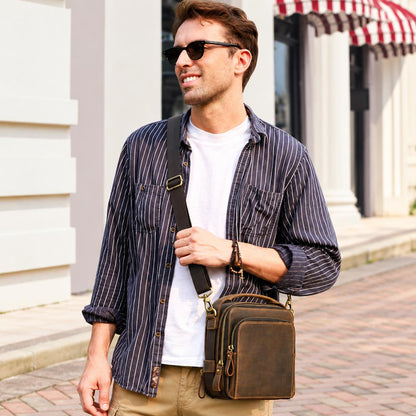 Leather Crossbody Bag for Men, Custom Mens Messenger Bag Fits iPad Mini, Vertical Travel Shoulder Bag with Handle, Moretti