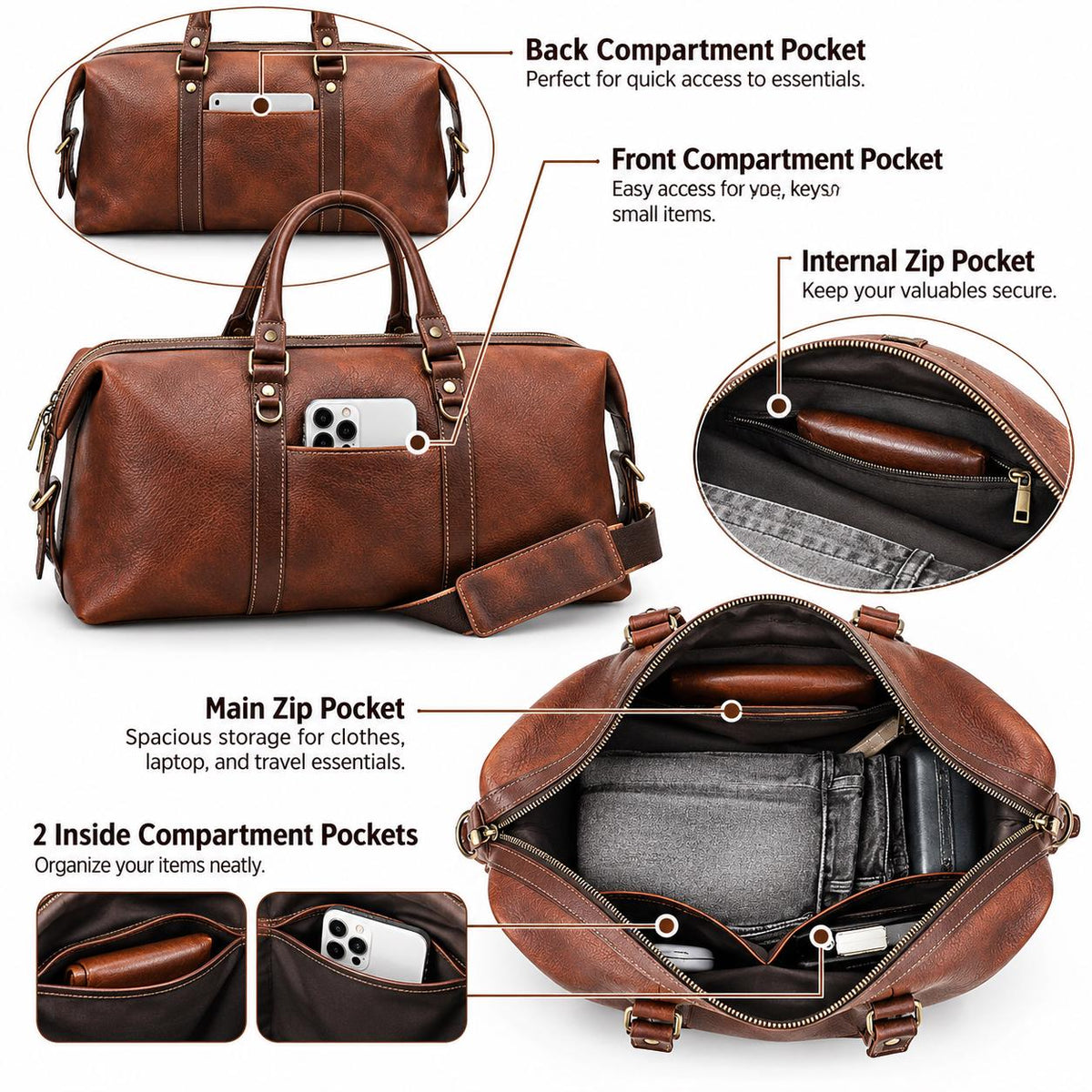 Leather Duffle Bag for Men, Custom Travel Weekender Bag, Personalized Mens Overnight Carry On Bag, Ferlino