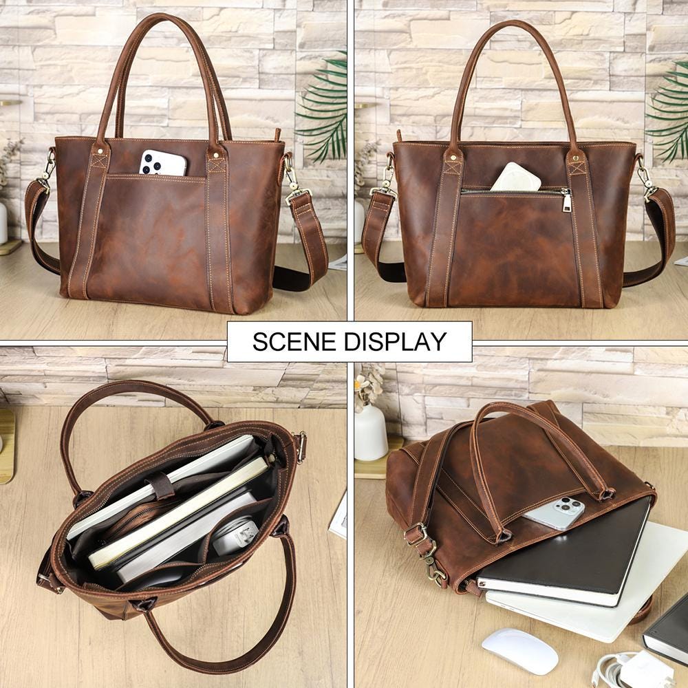 Leather Tote Bag for Work, Custom Shoulder Bag Fits 14 Inch Laptop, Personalized Leather Crossbody Bag, Mantova