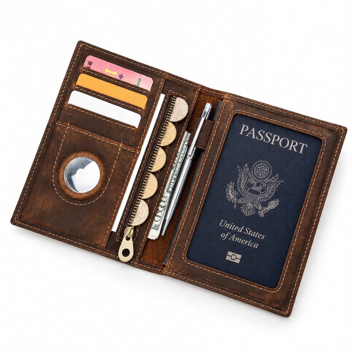 Navara - Genuine Crazy Horse Leather AirTag & RFID Passport Wallet