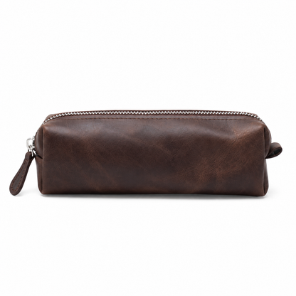 Keane handcrafted tan brown leather pencil case pen pouch on desk with fountain pen - Yubello