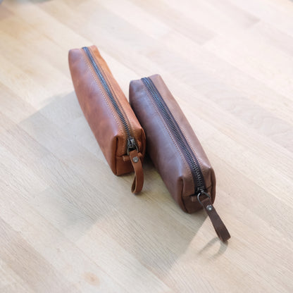 Keane handcrafted tan brown leather pencil case pen pouch on desk with fountain pen - Yubello