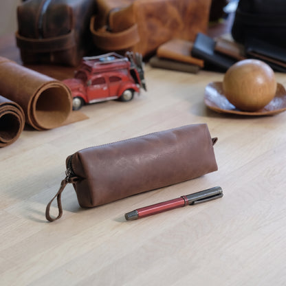 Keane handcrafted leather zippered pen cases in tan and dark brown pull up leather - Yubello