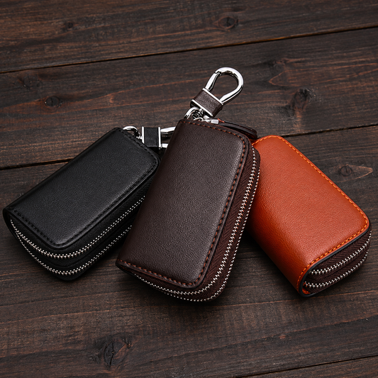Linea Genuine Leather Double Zipper Key Case Wallet with Carabiner Clip