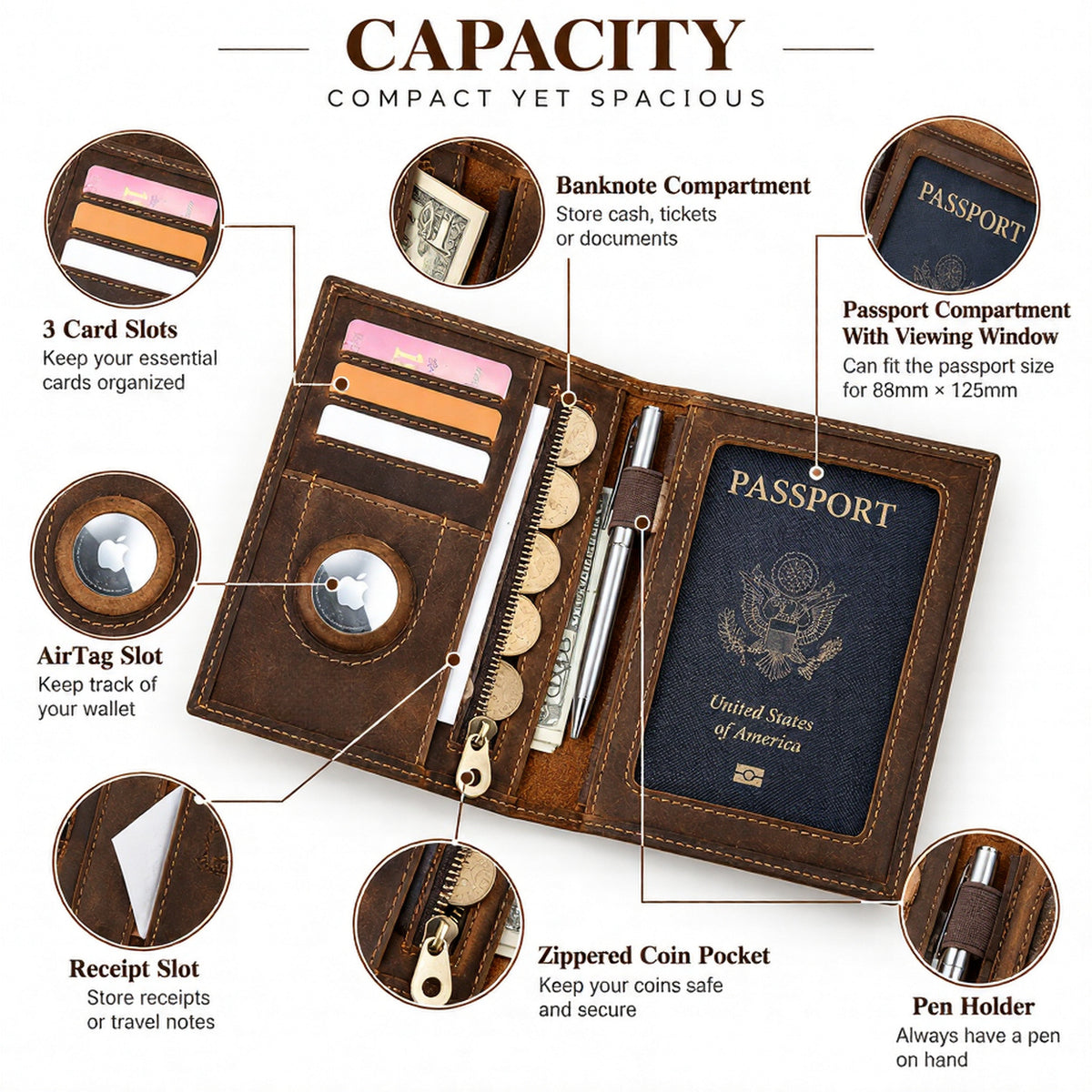 Navara - Genuine Crazy Horse Leather AirTag & RFID Passport Wallet