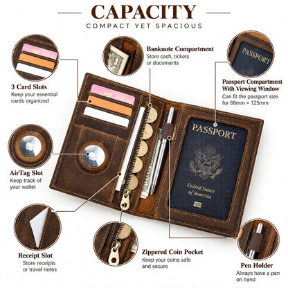 Navara - Genuine Crazy Horse Leather AirTag & RFID Passport Wallet