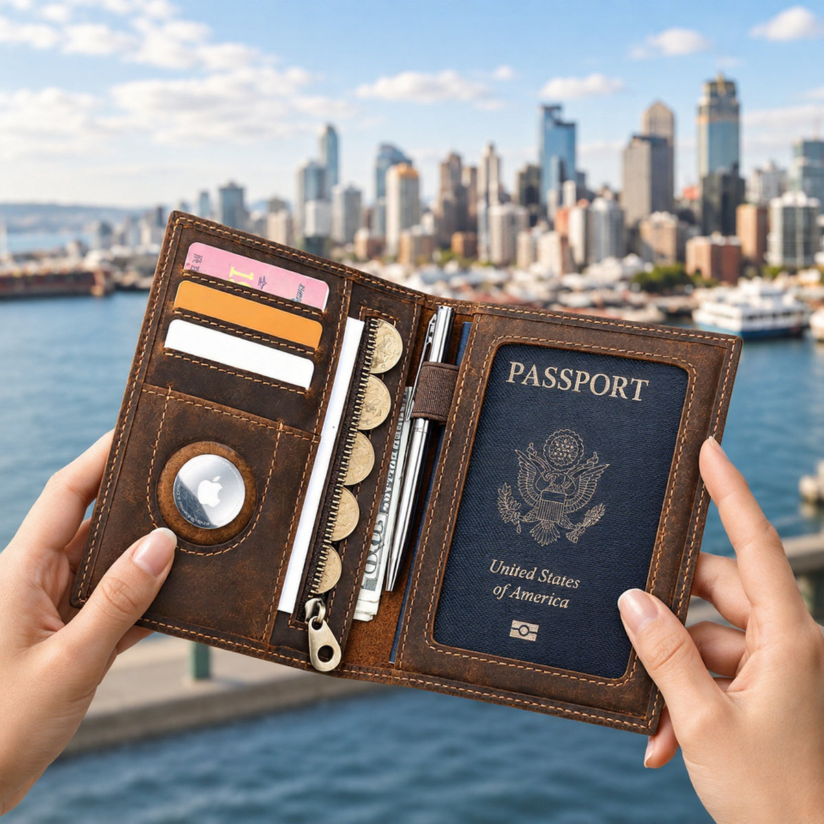 Navara - Genuine Crazy Horse Leather AirTag & RFID Passport Wallet