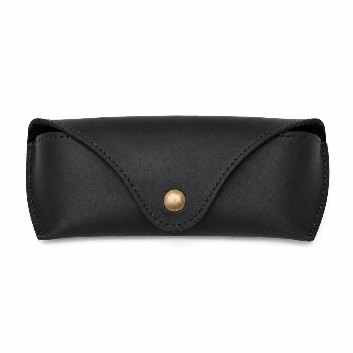 Lucent handcrafted dark black Crazy Horse leather sunglasses case with snap closure and aviator glasses on desk - Yubello