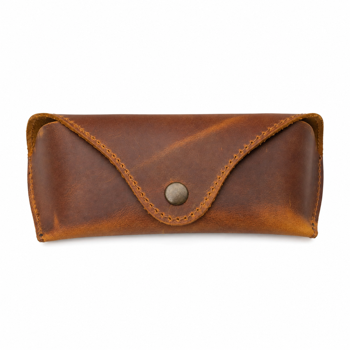 Lucent handcrafted tan Crazy Horse leather sunglasses case with snap closure and aviator glasses on desk - Yubello