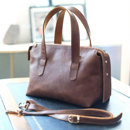 Maelis handcrafted brown Crazy Horse leather satchel bag with crossbody strap - Yubello