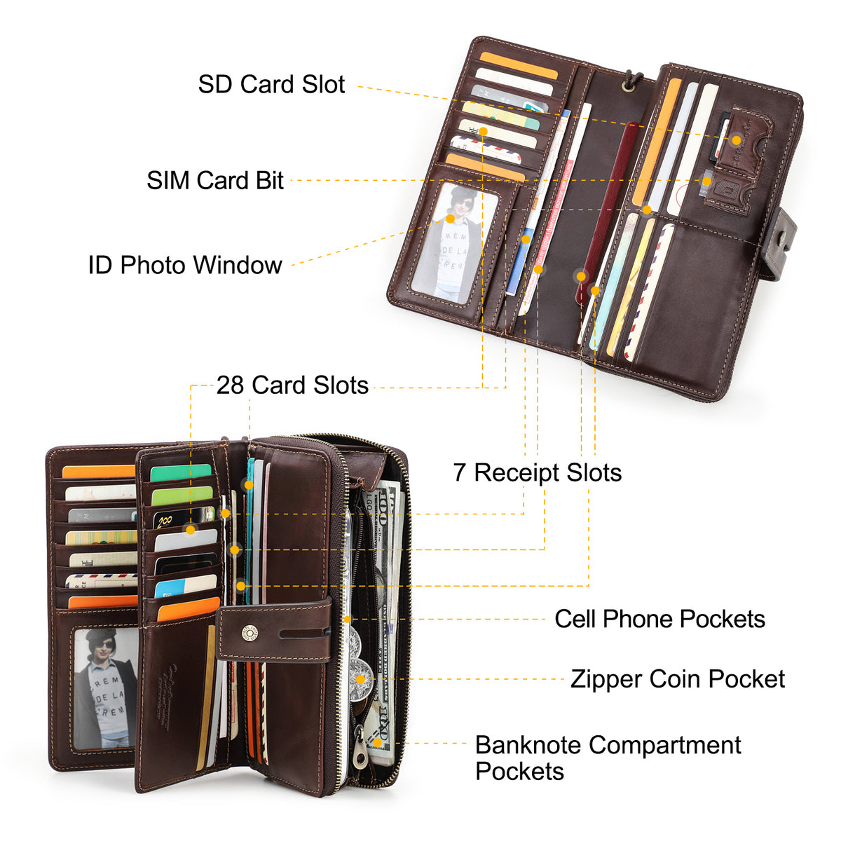 Aveline Handcrafted Genuine Leather Long Wallet with Wristlet & Zipper Pocket