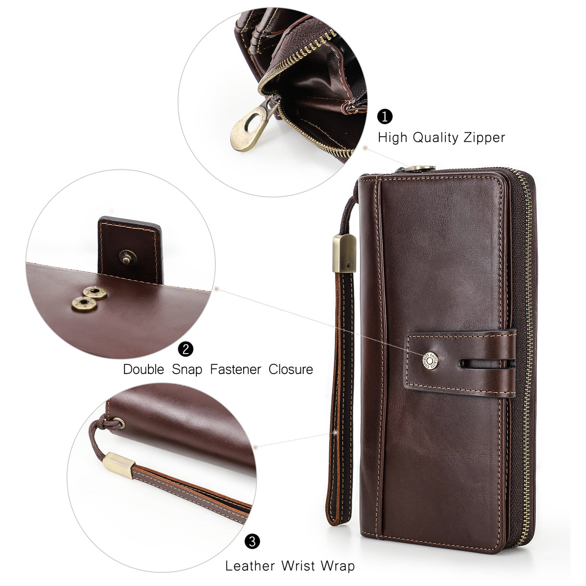 Aveline Handcrafted Genuine Leather Long Wallet with Wristlet & Zipper Pocket