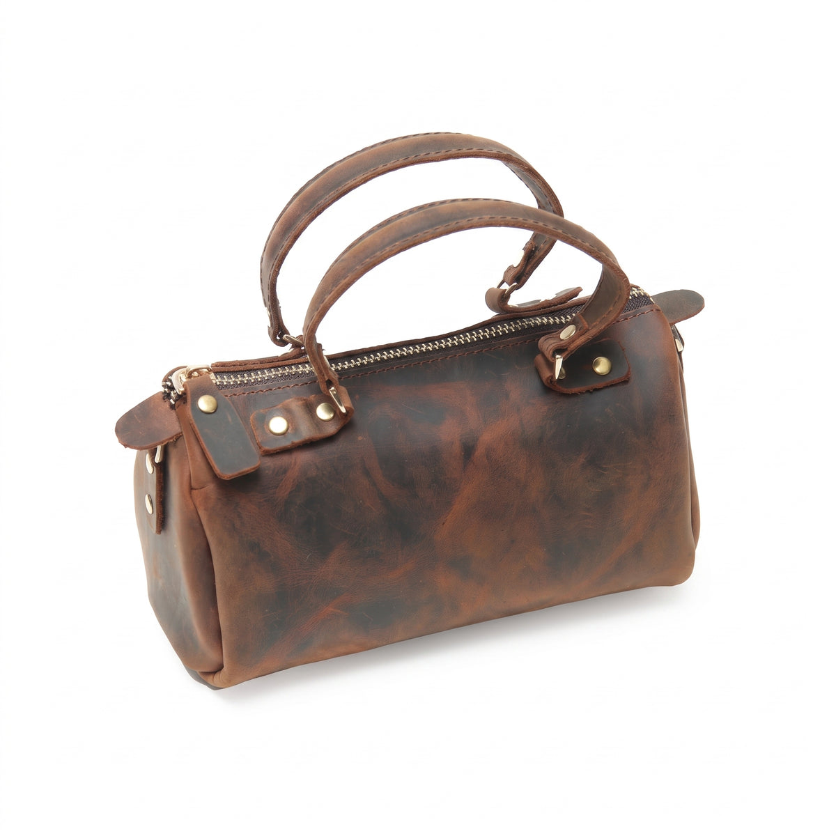 Marais handcrafted brown Crazy Horse leather barrel bag mini duffle purse - Yubello