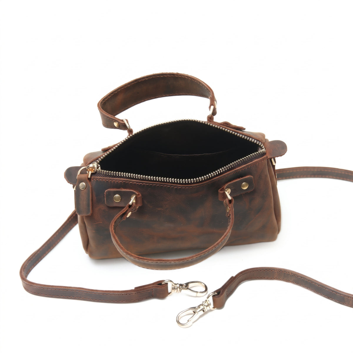 Marais handcrafted brown Crazy Horse leather barrel bag mini duffle purse - Yubello