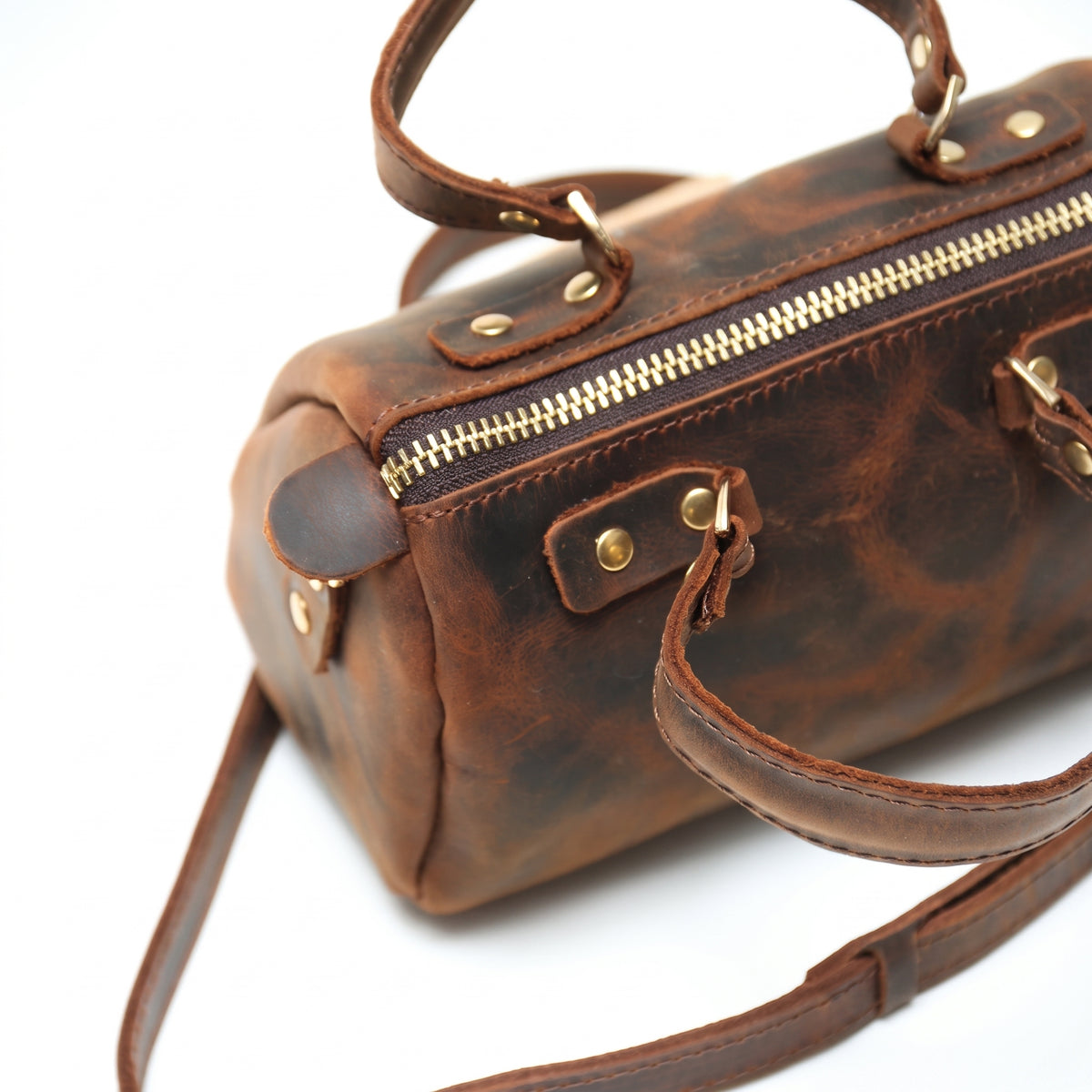 Marais handcrafted brown Crazy Horse leather barrel bag mini duffle purse - Yubello
