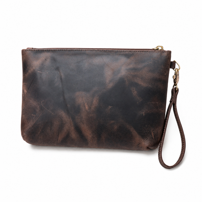 Meridian handcrafted dark brown leather wristlet clutch bag with zipper front view - Yubello