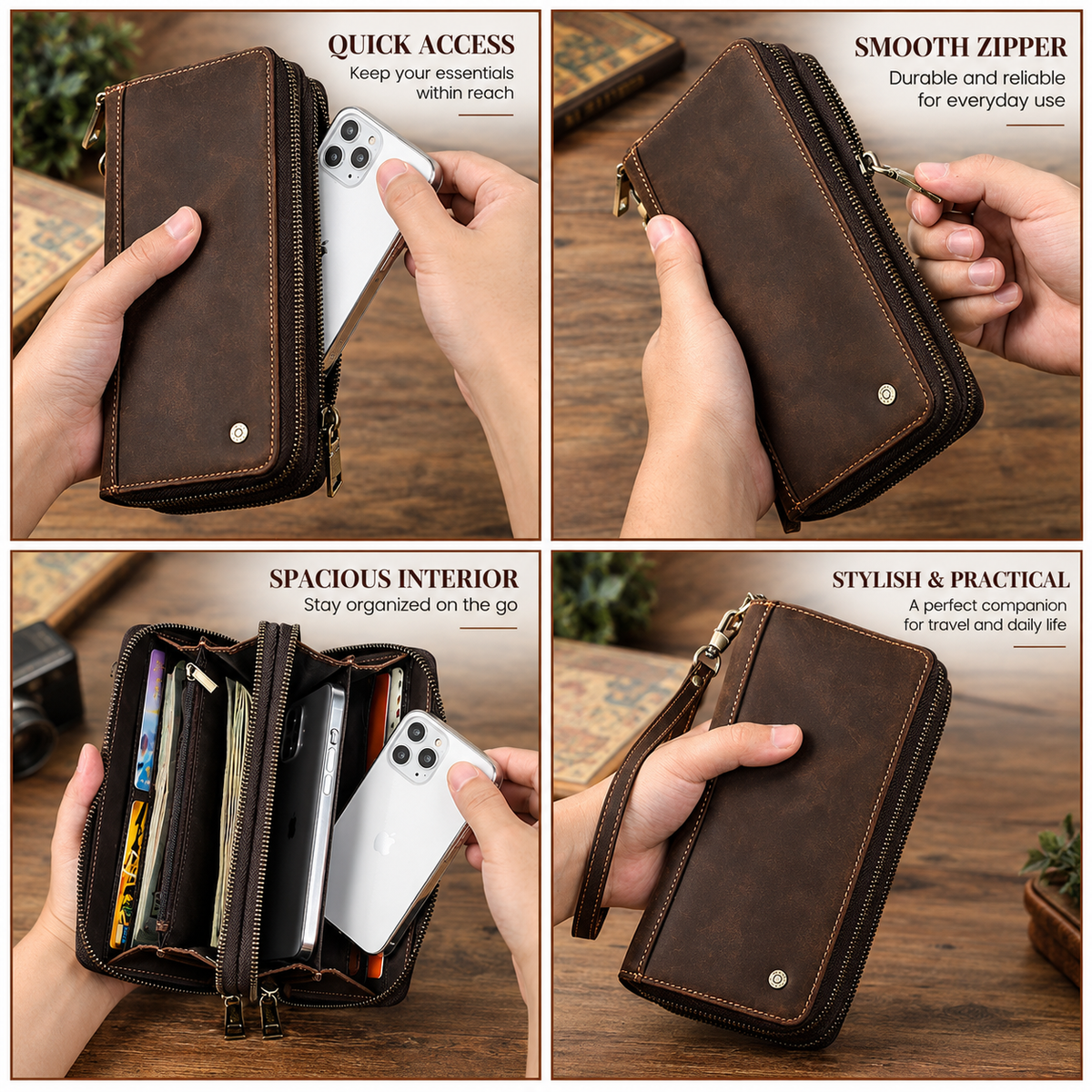 Branor Handcrafted Crazy Horse Leather Double Zipper Clutch Wallet with Wristlet