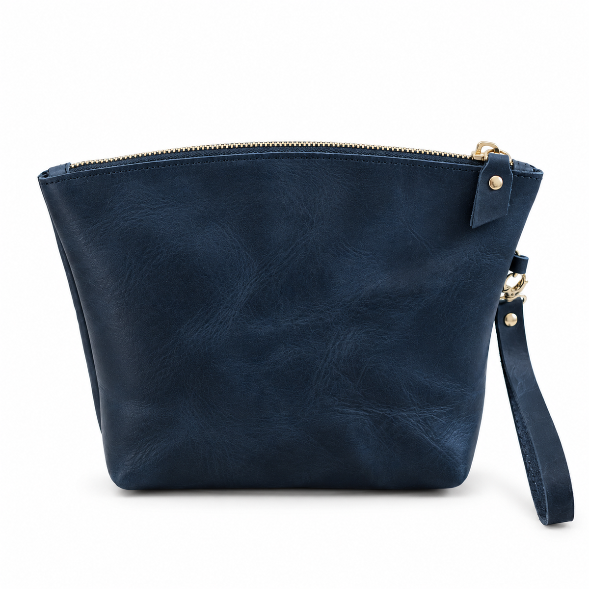 Meridian handcrafted blue leather wristlet clutch bag with zipper front view - Yubello