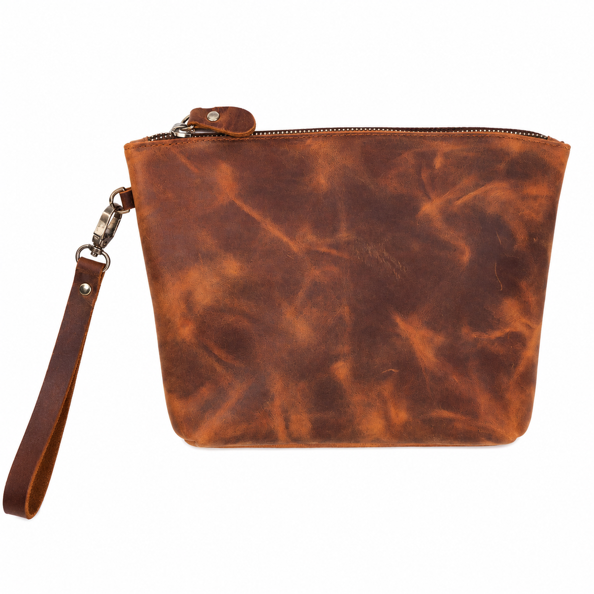 Meridian handcrafted  brown leather wristlet clutch bag with zipper front view - Yubello