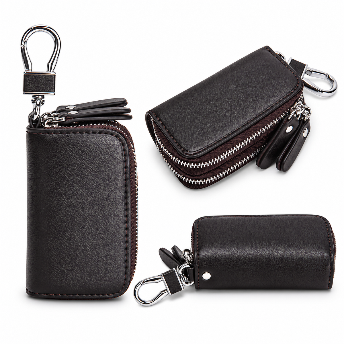 Linea Genuine Leather Double Zipper Key Case Wallet with Carabiner Clip
