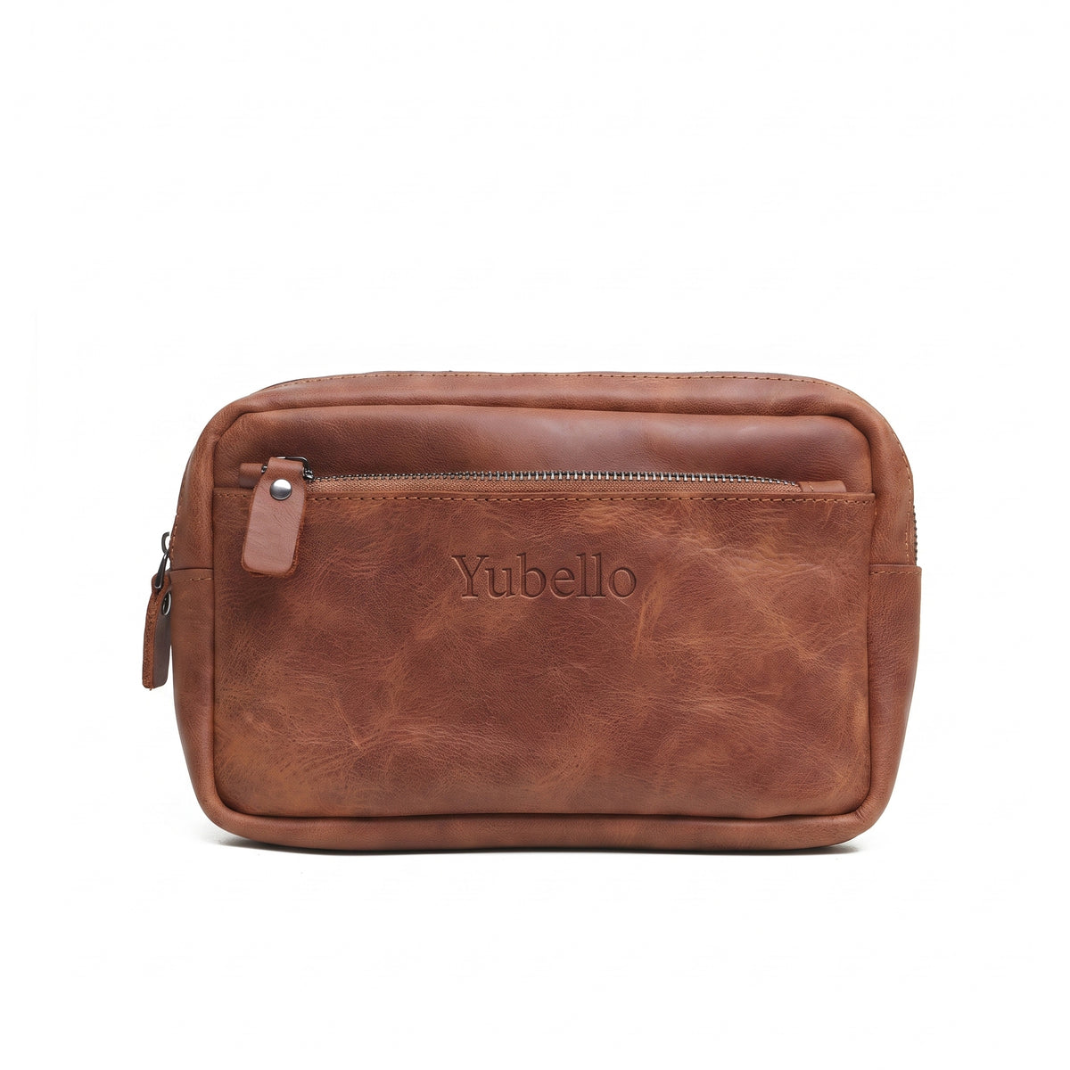 Nolen handcrafted brown Crazy Horse leather hand clutch bag held in hands with debossed logo - Yubello