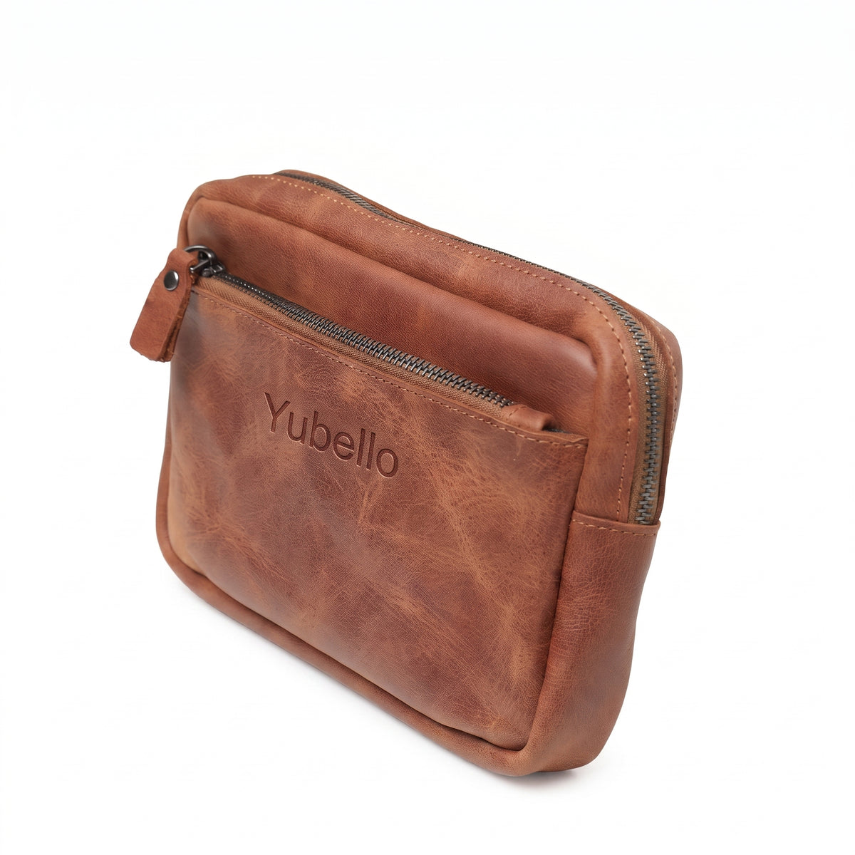 Nolen handcrafted brown Crazy Horse leather hand clutch bag held in hands with debossed logo - Yubello